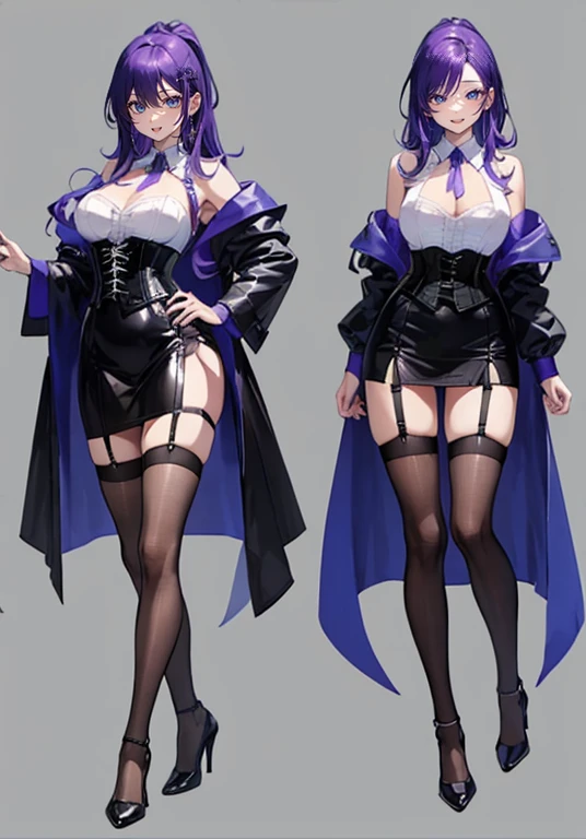 Purple Hair,long hair,Adult female,bartender,((Body Harness)),((Roll up your sleevesYshirt)),(corset),(Tight Skirt),((garter belt)),High heels,((Simple Background)),smile,((full body)),((whole body)),((slim body)),Character Sheet,