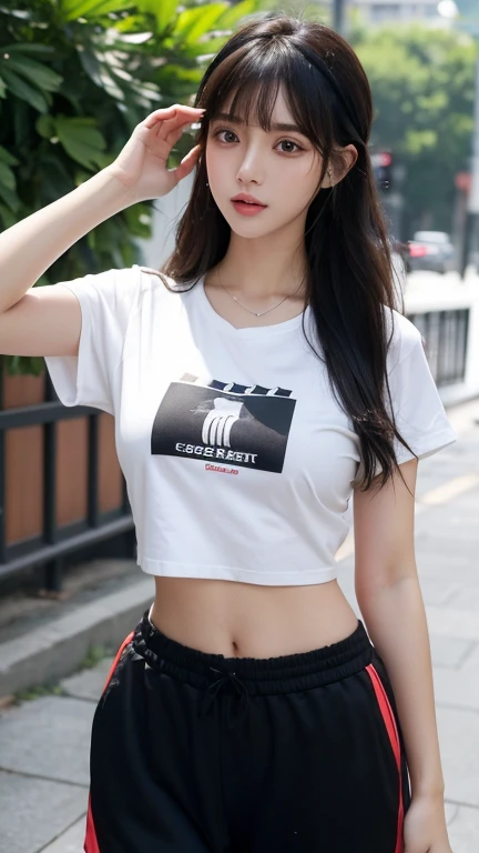 Busty women,blunt bangs,Thighs,Black Hair,Voluminous long hair that reaches down to the waist,Wavy long hair,Wet Hair,looking at the camera,hot pants,T-Shirts,hair band,Jogging,listening to music with earphones,Smartphone hanging around his neck,