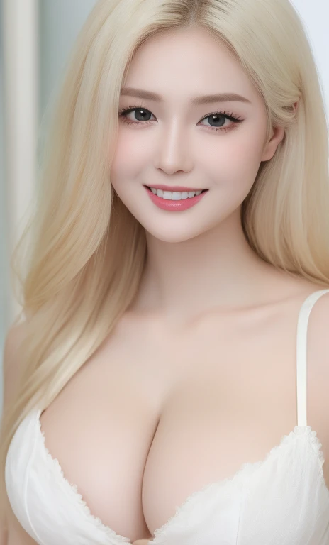 (realistic、masterpiece、Best Quality、8K、highres、white background, high resolution:1.3)、1 chubby girl:1.3)、(smile,show teeth), ((((very very gigantic sagging breasts:1.3))))、looking at viewers, black lace bikini、pale white skin、very blond hair ,very pale skin, extremely pale blonde hair, ivory pale skin, very white skin, pale skin, very pale white skin, very pale white skin,white skin and pale porcelain, white and pale skin, fair and pale skin!!, long blonde hair, looking at viewers、super fine face and eyes、long blonde hair、 ((full breasts:1.3)), indoor、 upper body、