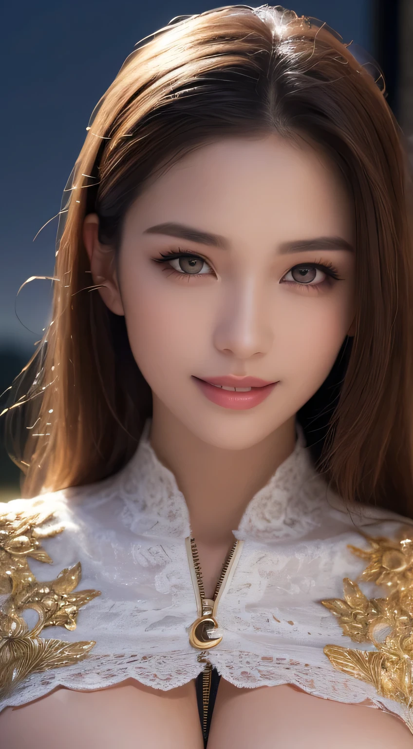 Kimono beauty, body portrait, 8k, thin and beautiful eyes, Dindal effect, masterpiece, top quality, high quality, high resolution, very detailed photo, (natural skin texture, fine skin, hyper realism, super sharpness) , high detail skin, (very fine, fine skin texture, intricate details, beautiful face, (real-like face), realistic eyes, beautifully detailed eyes, realistic skin, beautiful skin, surreal, Highly detailed, golden ratio, smiling eyes, ((night moonlight background)), body portrait, G cup, big breasts, huge breasts, big breasts, glamorous, shiny bodysuit