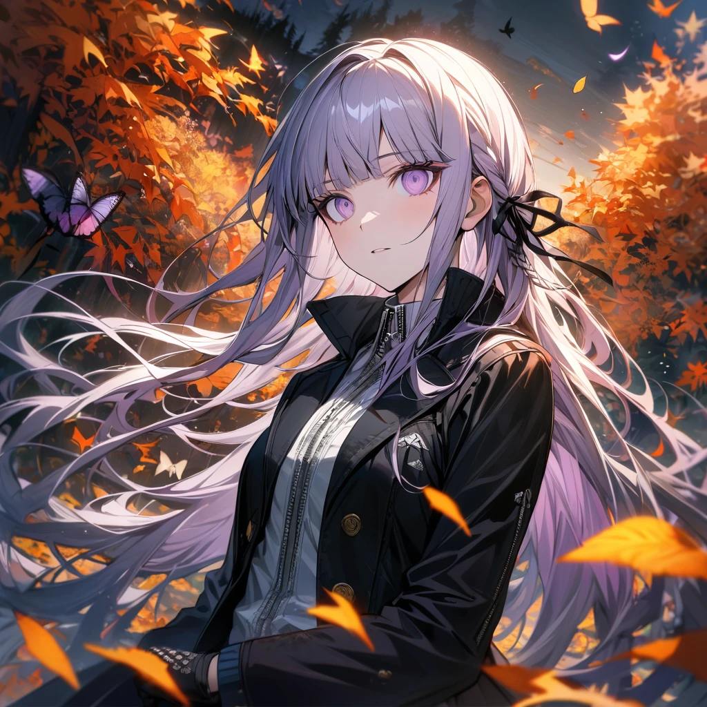 Ultra detailed, Highres, absurdres, HDR, Kirigiri Kyoko, light lavender hair, expressive purple eyes, black jacket with patterns, Danganronpa, autumn, petals, extremely beautiful, woman, solo, very detailed eyes and face, black gloves, orange leaves, butterflies, master piece, best quality,