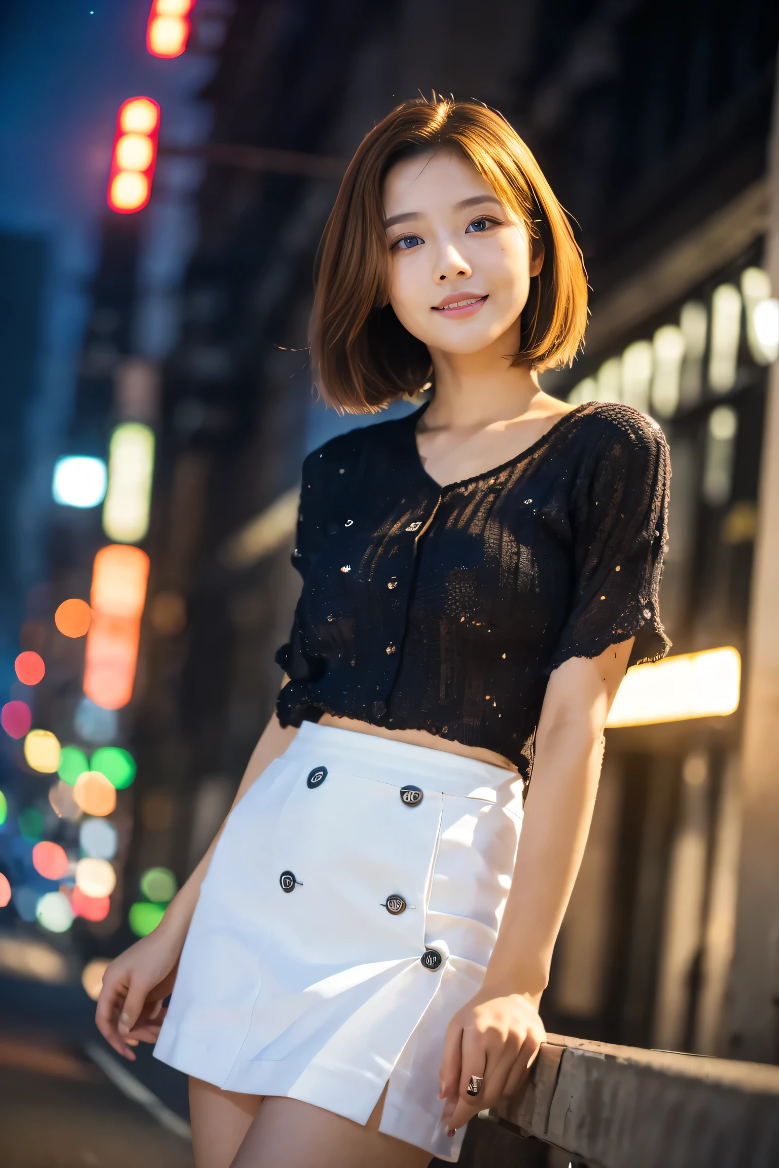 (18-year-old female), (The best quality at its best:1.4), (Super detailed), (Very detailed CG unified 16k), Beautiful woman with perfect figure: 1.4, Sharp focus: 1.2, Very detailed, High-quality RAW color photos, Professional photography, Great face and eyes, Beautiful eyelashes、cosmetics, (Amazingly beautiful girl), ((blouse, White mini tight skirt)), Are standing, Sexy posture,(Stylish city nightscape, Neon lights on the building:1.3), (View from below), Realistic movie faces, Wide zoomed out view of head to foot length, Full body long view, Realistic, ((Realistic natural orange red hairstyle, Realistic blue eyes, Short Bob Hair)), nice, Very beautiful face, Perfect model beauty, Mouth swelling, Highly detailed face and skin texture, Fine grain, double eyelid, Medium chest, smile, Crack, west, (masterpiece), highest quality, High resolution, Very detailed, Blurred Background, Depth of written boundary, Cinema Lighting, Great legs, High heels, Clear, well-maintained skin, (((Women make up the majority of the photo)))