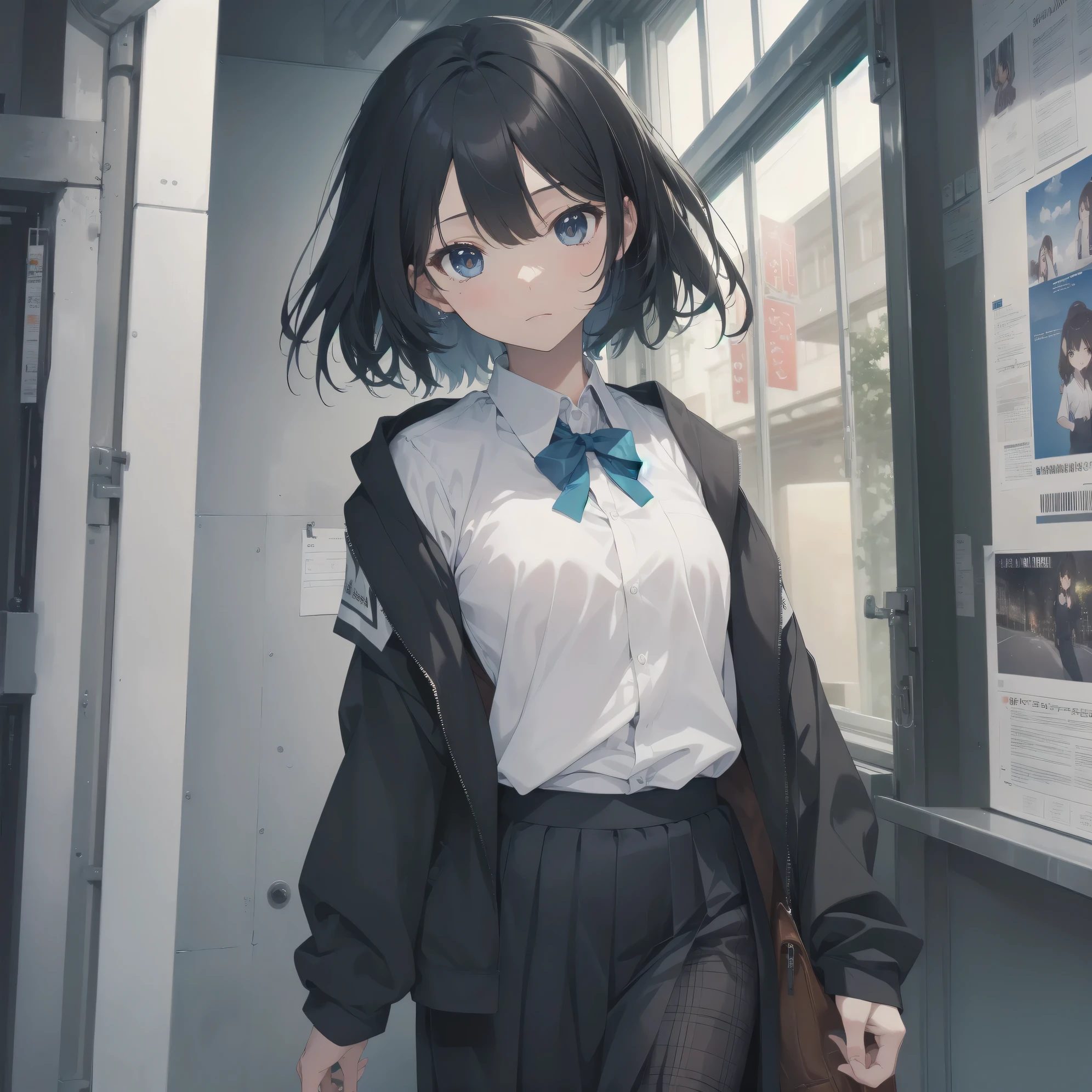 ultra-absurdres-Top quality by artist God, ultra-detailed, high resolution, anime moe artstyle, best anime 8k konachan wallpaper, pixiv contest winner, pool:2810, perfect anatomy,break, 1girl, (Please draw a girl walking sleepily to school alone. )break,(Solo,little female, 13-year-old:1.3),Full limbs, complete fingers,a junior high school student,  (very short hair), short cut, flat chest, , small butt, small black eyes, beautiful detailed eyes, well-proportioned iris and pupils, expressive eyes, highres detailed hair, soft expression, school_uniform, bowtie, collared shirt.  pleated skirt,(Detailed Lighting), (Detailed background), in the School commute route. break,super detailed skin, Best cinematic lighting powered by famous artist, 8k,beauty illustration,photoshop_(medium),very aesthetic,break,((artist:Hufy [wlop] )), artist:bolze ,artist:oyari ashito ,artist:kantoku ,