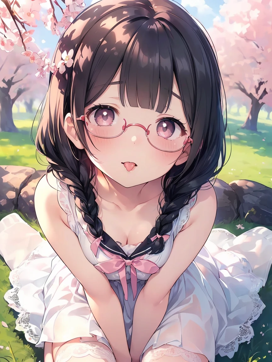 Very detailed, highest quality, High resolution, Moe Anime, ((A cute  with black hair and droopy eyes)), ((Wearing large round glasses:1.4)), (Baby Face), Cute eyes, eye depiction, Sparkle in the eyes, View your viewers, Pale skin, (Big eyes:1.4, Droopy eyes:1.4, Fatty face:1.4), smile, Focus on the face, In the park with cherry blossoms falling, Sitting, (Extreme close up of tongue), (((From above))), Open your mouth, (((Face only:1.3))), ((white lace sleeveless dress)), Bright Eyes, Light from the front, (Put your hands between your legs:1.4), large and long tongue, Cleavage, Braided hairstyle, Pink ribbon