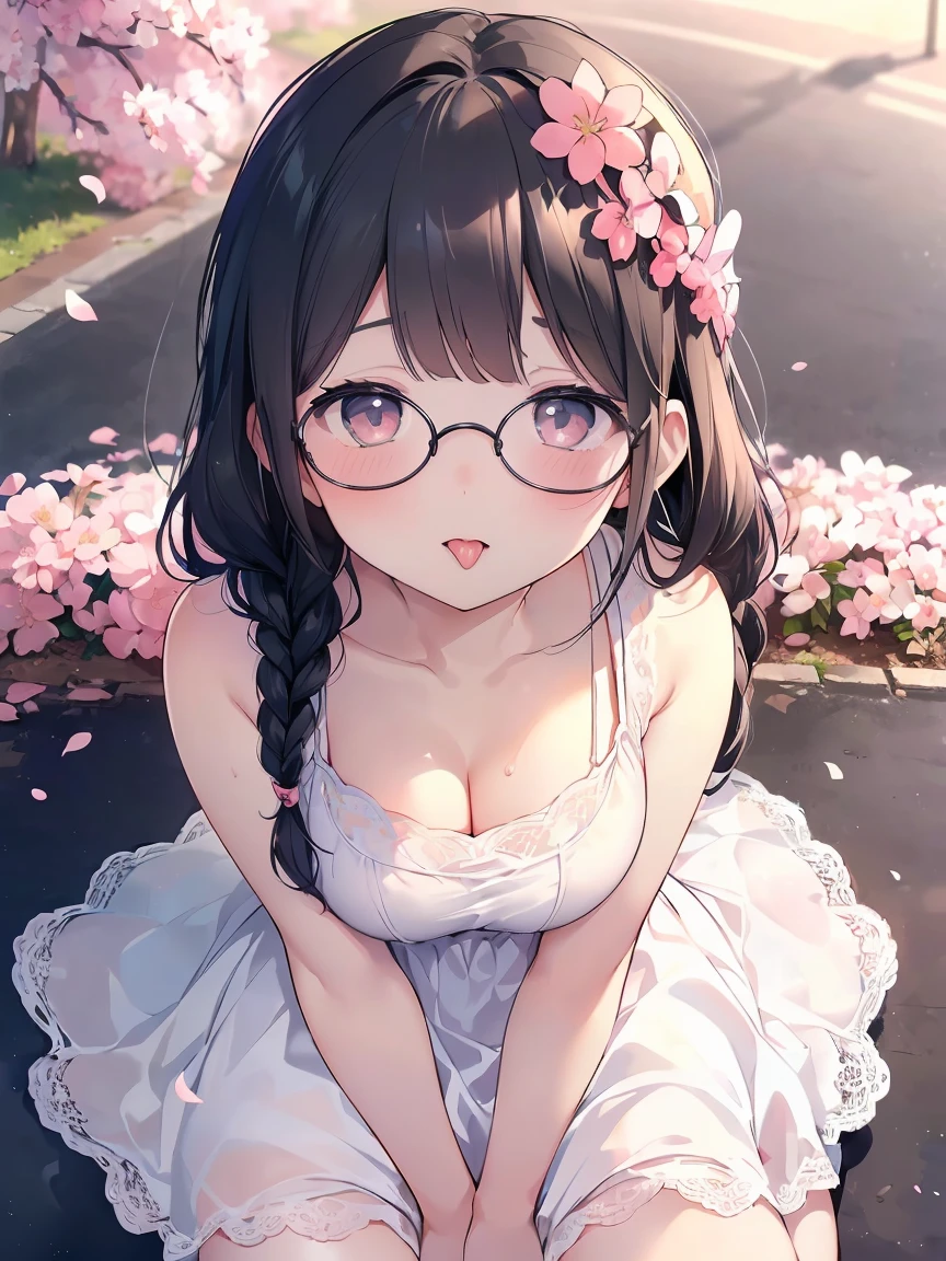Very detailed, highest quality, High resolution, Moe Anime, ((A cute elementary school girl with black hair and droopy eyes)), ((Wearing large round glasses:1.4)), (Baby Face), Cute eyes, Detailed eye depiction, Sparkle in the eyes, View your viewers, Pale skin, (Big eyes:1.4, Droopy eyes:1.4, Fatty face:1.4), smile, Focus on the face, In the park with cherry blossoms falling, Sitting, (Extreme close up of tongue), (((From above))), Open your mouth, (((Face only:1.3))), ((white lace sleeveless dress)), Bright Eyes, Light from the front, (Put your hands between your legs:1.4), large and long tongue, Cleavage, Braided hairstyle, Pink ribbon