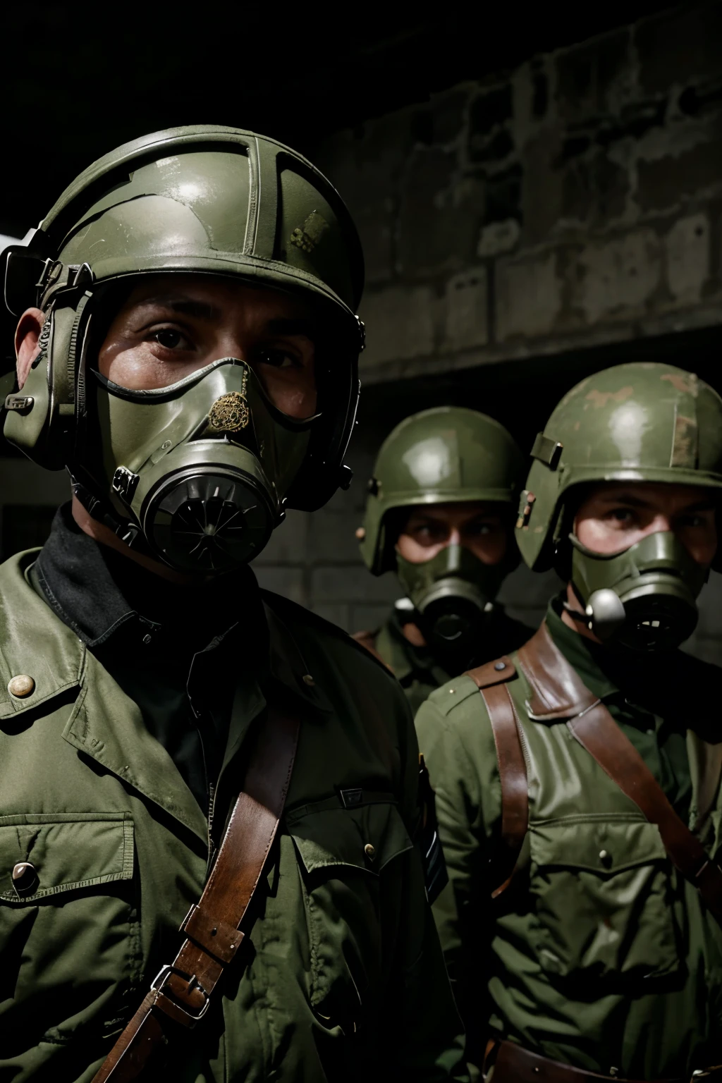 Soldiers wearing German WWII uniforms with gas masks 