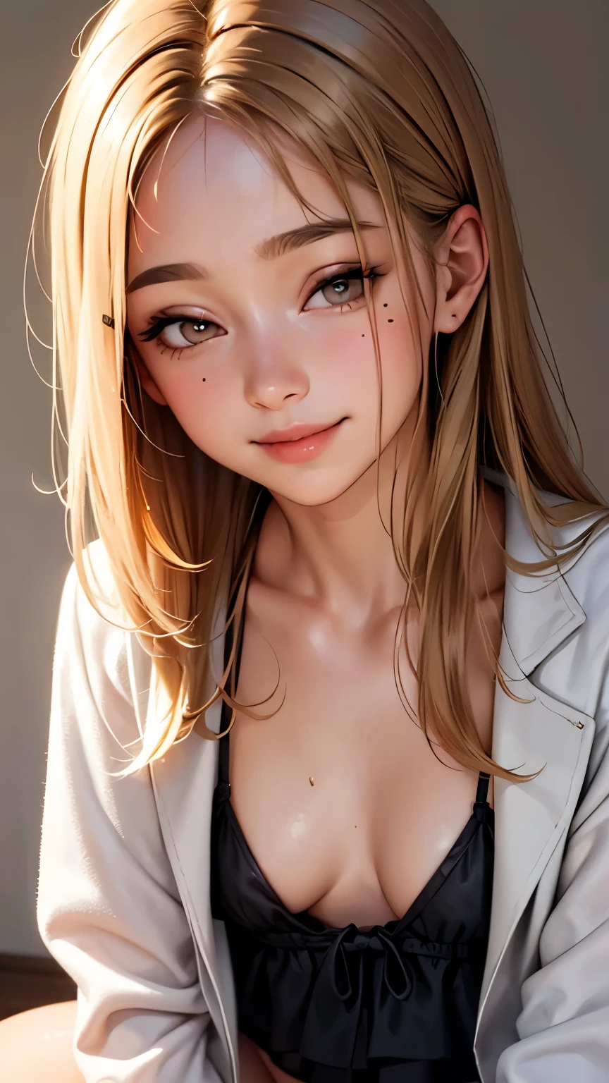 masterpiece, highest quality,Face-to-face audience, Upper body,Middle-aged women,Greek Goddess Attitude, Melon seed face, ((Long, narrow eyes)), Mole under the eye,Brown eyeball, Thin lips, Anorexia,blonde, Very long hair, Laugh with your mouth closed,40 year old mature woman, self-portrait, Simple Background,Thin legs,Close your eyes and smile,Swimwear,The happi coat is open