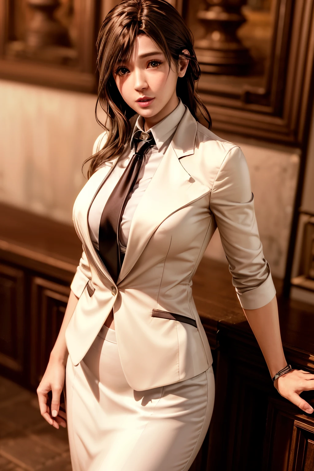 highest quality, Perfect Face, Complex, Beautiful views, Ultra-realistic 8K CG,Perfect artwork, 1 Female, Sayuri, Droopy eyes, alone, Female teacher-like appearance, White business suit, Light brown tie, Long pencil skirt, alone, Side lighting, Shallow and sharp depth of field, Realistic