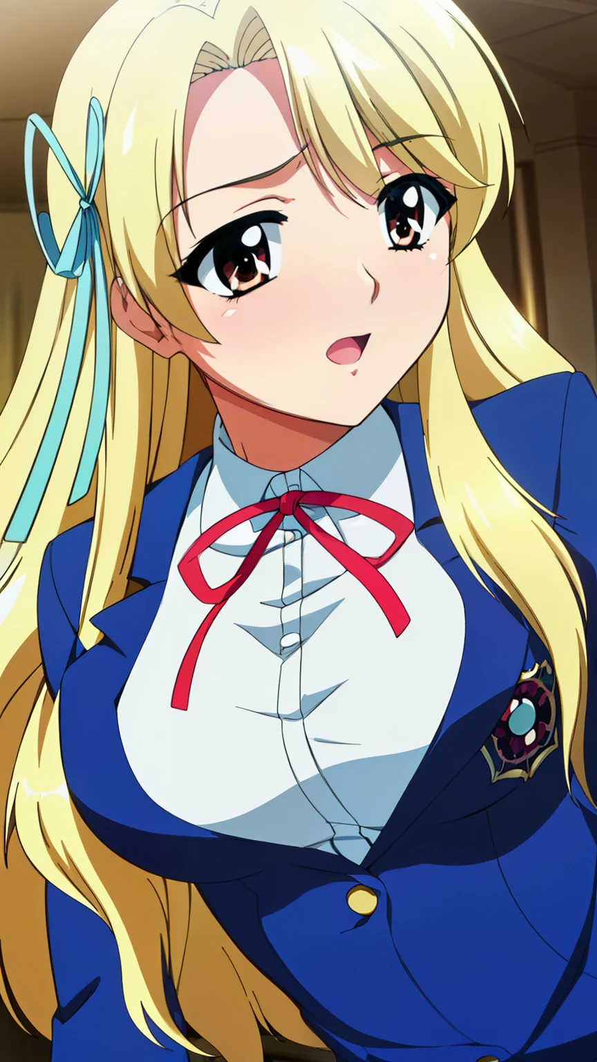 midori shouji,1 girl,Blonde,Long Hair, bangs, hair ribbon, green_eye,
(blazer,Blue Suit ,White Shirt,Red bow tie,neck ribbon, ribbon,Long sleeve),20 years,young woman,beautiful Finger,beautiful long legs,beautiful body,beautiful Nose,beautiful character design, perfect eye, perfect face,Perfect balance,
View your audience, Anime art style,Dynamic Angle,Cowboy Shot,Official Art,Very detailed CG Unity 8k wallpaper, Perfect lighting,colorful, bright_front_face_Lighting,White skin, (masterpiece:1.0),(Highest_quality:1.0), 超High resolution,Very detailed, photograph, 8k, High resolution, High resolution, (Absurd:1.2), Kodak Portrait 400, Film Grain, Lens flare, (Vibrant_color:1.2),Professional Photograph, (beautiful_Large medium breasts:1.3), (beautiful_face:1.4),(narrow_Waist),