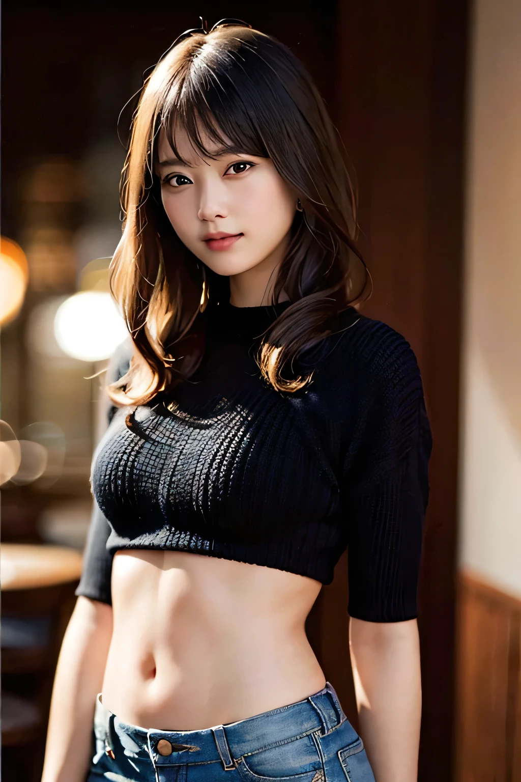 (8k、Raw photo、highest quality、masterpiece:1.2)、(Realistic、Photorealistic:1.37)、Ultra-detailed、超A high resolution、1 girl、Seeing the viewer、Beautifully detailed face、Laughter、narrow、(Narrow waist) :1.3)、knit、Beautifully detailed skin、Skin Texture、Floated hair、Professional Lighting、