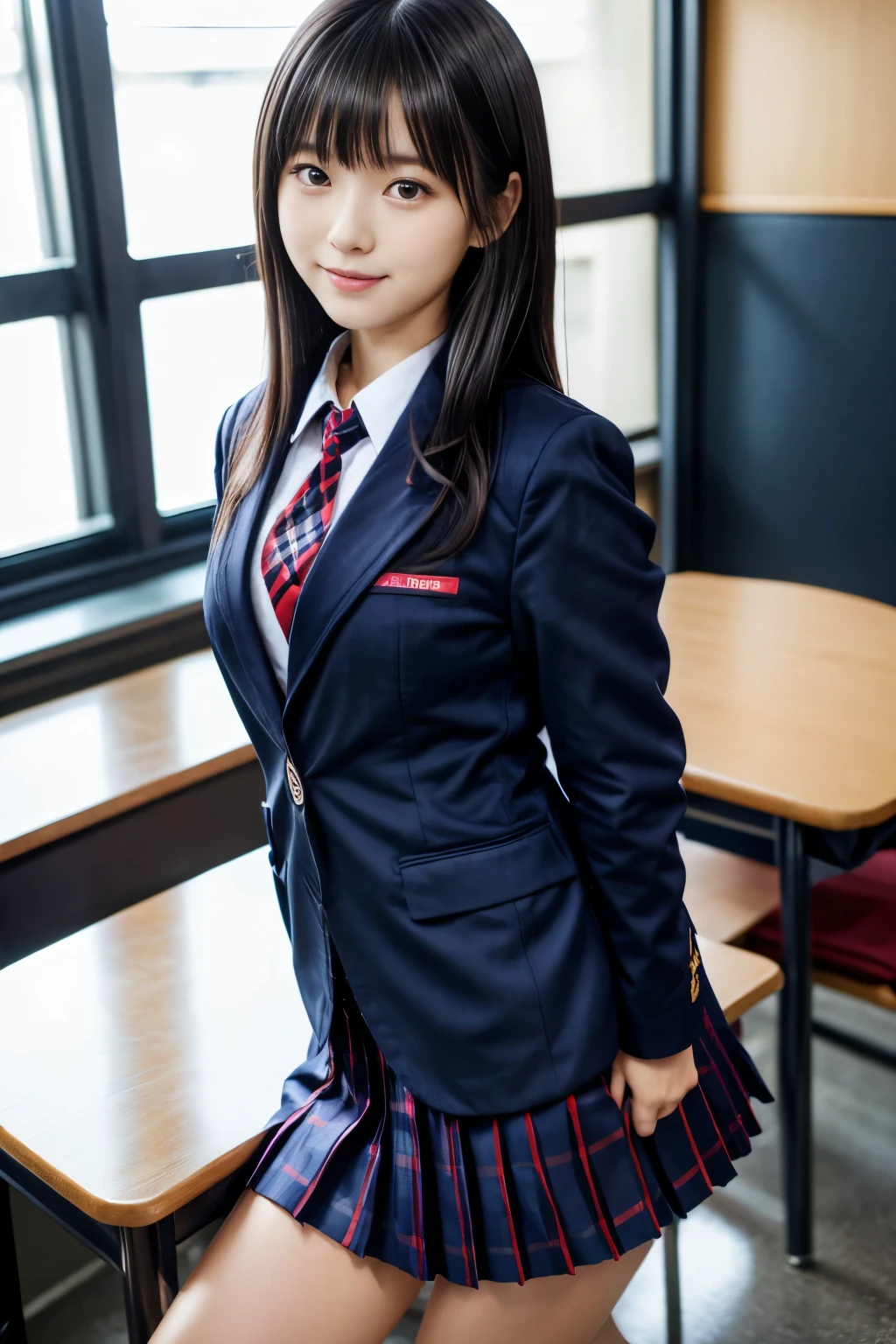 (masterpiece, best quality:1.2), 1girl, solo, Japanese Model, 18 year old female model, 4K、Black Hair、Beaver、Middle Hair、Straight hair、(A dark blue blazer and a red tie, navy check pleated skirt:1.2),　(Super cute idol-like face:1.2)、School classroom、Slim and beautiful figure、Beautiful breasts、Laughter、Whole Body Ezbian、School classroom美しい脚、Sexy pose、White socks、White sneakers、
