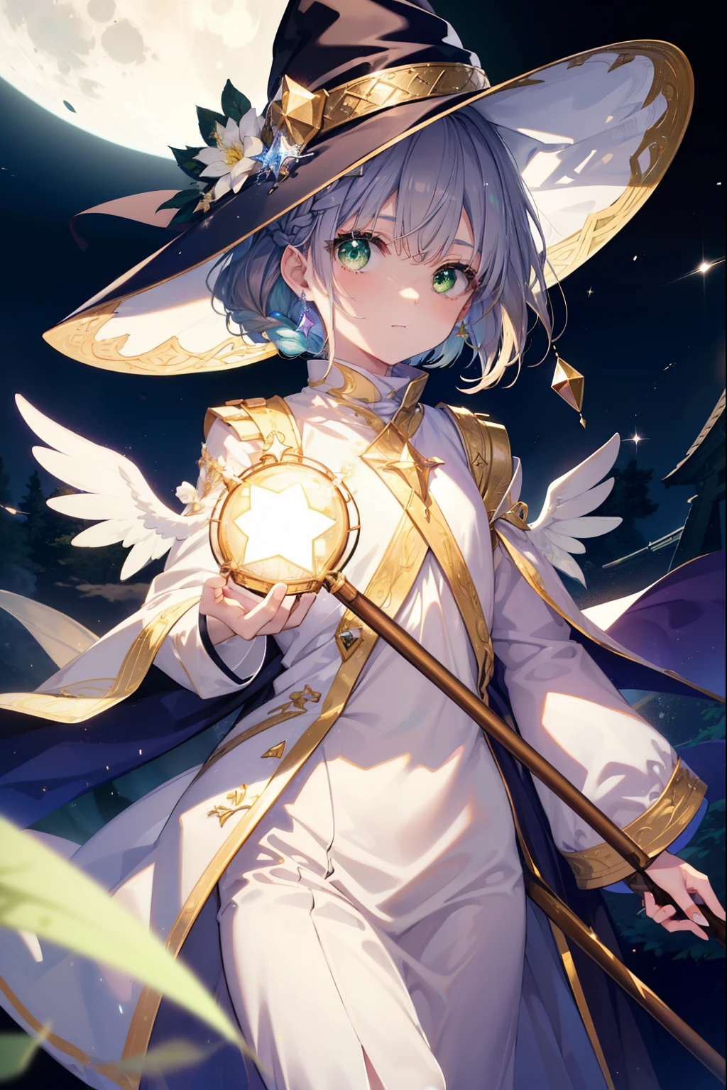 index, index, (Green Eyes:1.5), Silver Hair, Long Hair, (Flat Chest:1.2),(colorful glowing lantern),((A night sky filled with colorful and cute creatures)),((Big full moon)),((Sparkling and colorful stars)),Fluffy hair,((Brown haired)),((Braided Short Hair)),Slight red tide,((Brown eyes)),((Idol style costume with soft volume)),((gorgeous wizard hat)),((witch)),(magic wand with a jewel on the tip),smile,Kamimei,((Side shape)),((Fly through the sky on a magic broom)),
break looking at viewer, whole body, break ourdoors,forest,forest林,moonlight,
break (masterpiece:1.2), highest quality, High resolution, unity 8k wallpaper, (figure:0.8), (Beautiful fine details:1.6), Highly detailed face, Perfect lighting, Highly detailed CG, (Perfect hands, Perfect Anatomy),