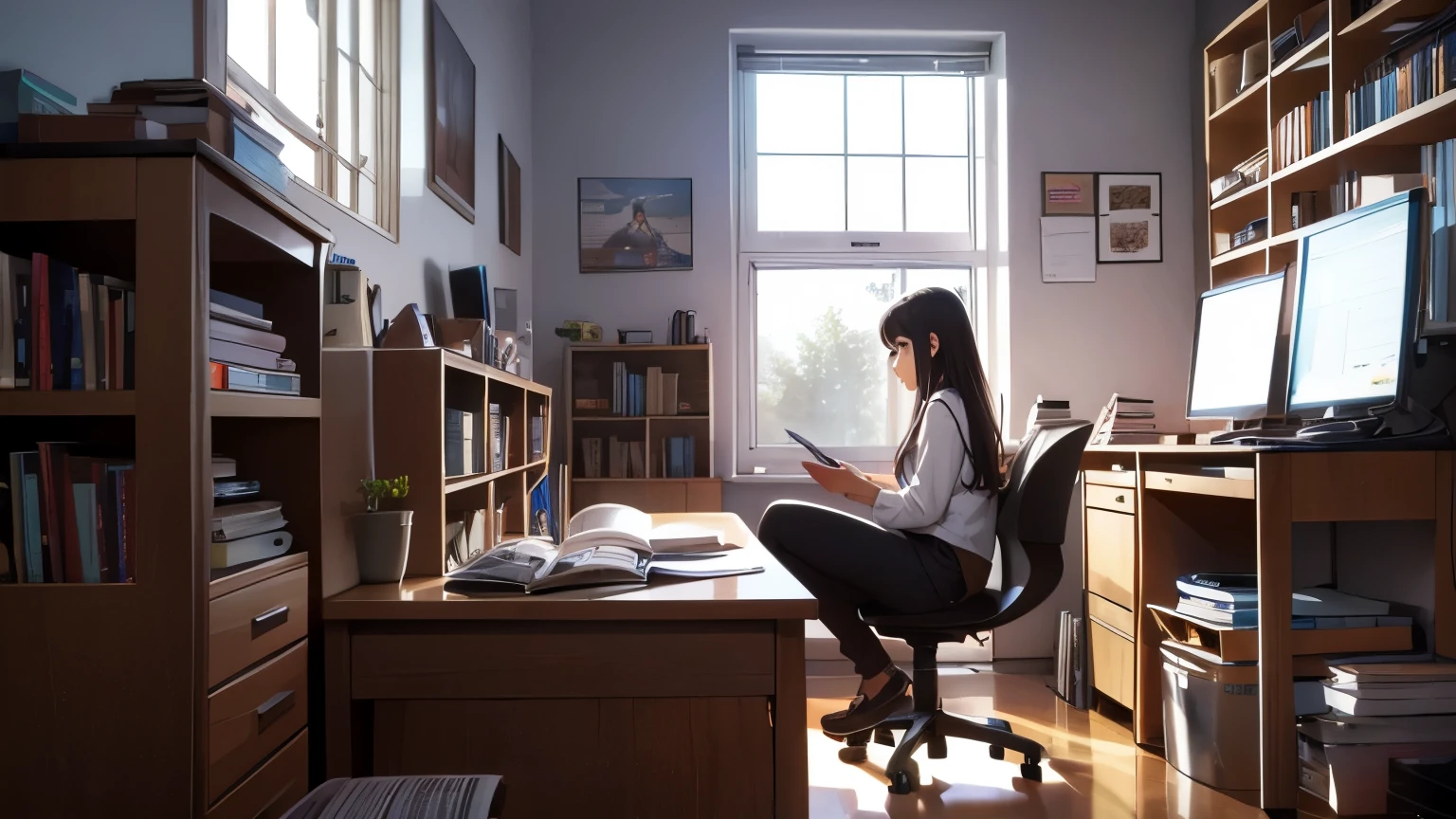 chica estudiando por la noche en su habitacion con un monton de libros en la computadora