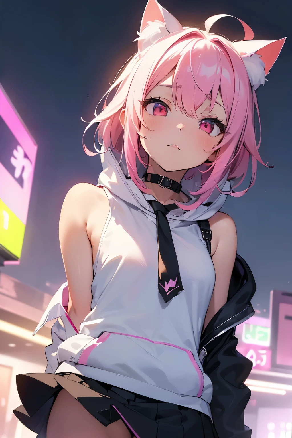 ((最high quality)), ((masterpiece)), (Very detailed:1.3)，1 girl, ,超High resolution, retina, masterpiece, Accurate, Anatomically correct, Rough skin, Very detailed, Advanced Details, high quality, Awards, high quality, High resolution, High resolution, 4K,(anime,8k,masterpiece, high quality, high quality,beautifully、beautiful:1.2,Professional Illustration:1.1,Very detailed:1.3,Perfect lighting),Cute pose，Embarrassing，Pink eyes，Pink Hair，Long Hair，(At night:1.5), (Neon Gradient:1.5))，(background image，Gothic hi-tech futuristic city design with neon background)，(White Prairie Blouse:1.5)，黒い色のtie，(Black hoodie)，(Hoodie with cat ear hood:1.5)，(Put on the hood)，(Open clothes:1.5)，ヤンデレCute pose，White shirt from the front, Collared shirt，Layering clothes，tie, Short skirt, Black Skirt，(Looking up:1.5)，(Shoulder:1.5)