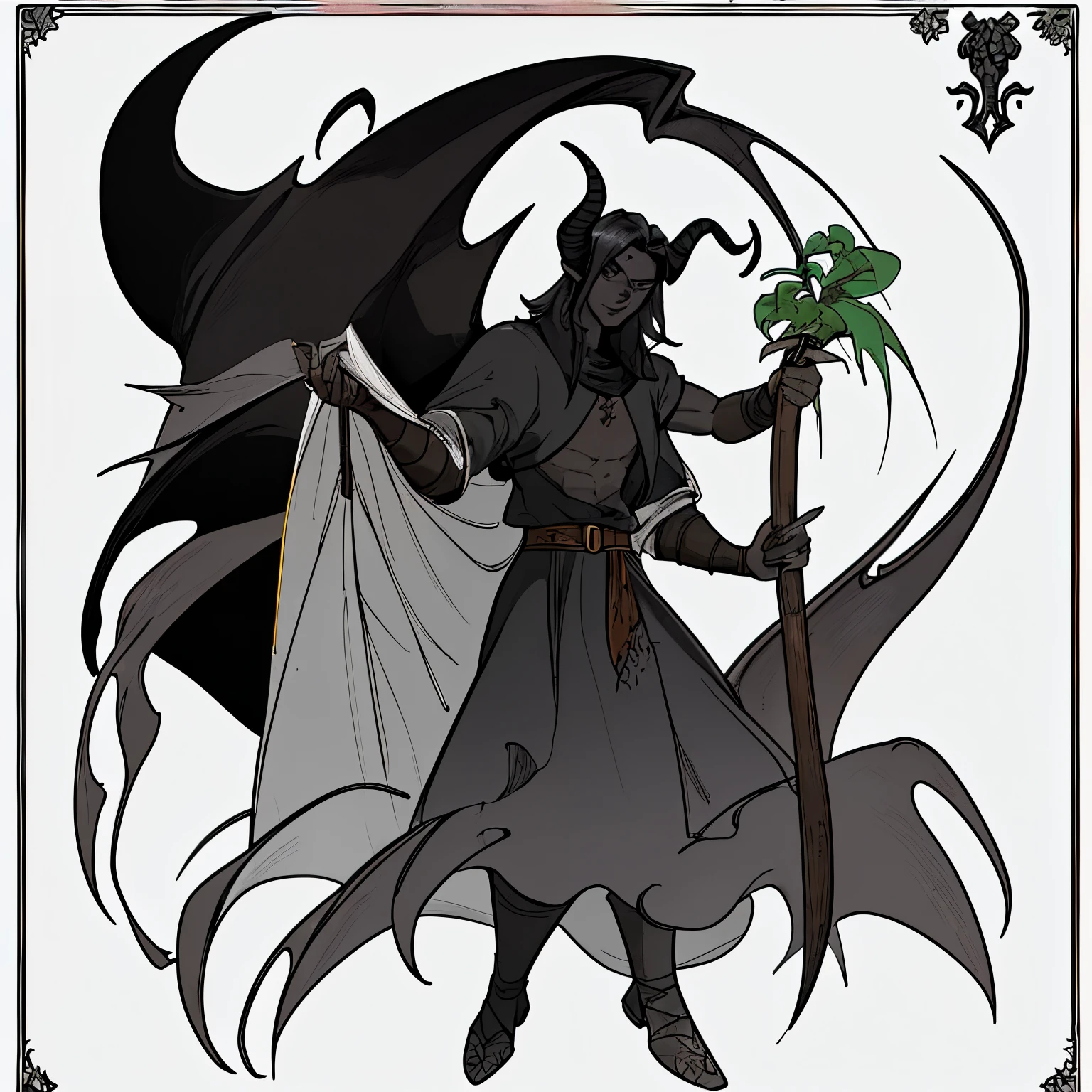 Um homem tiefling de pele negra, imagem para rpg estilo medieval