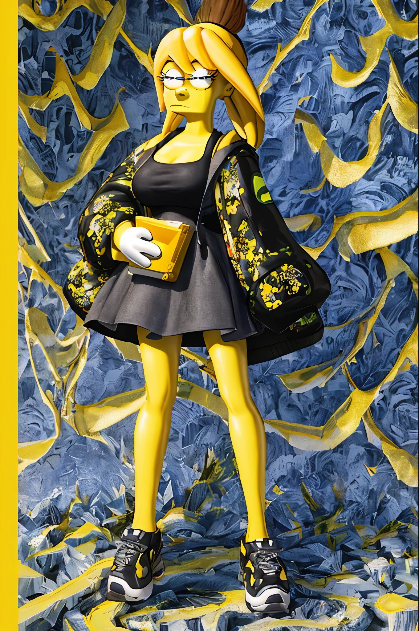2. NFT Description #2:
Neste NFT, The Simpsons character is in digital 3D art format, com os olhos arregalados enquanto consome criptomoedas Bitcoin. The predominant colors are yellow and black, providing a technological and modern look.