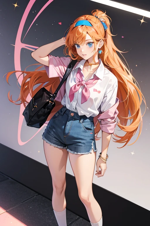 orange shoulder length hair who, . Her casual clothes consist of a pink headband, grey earrings, a white shirt with a pink collar, and small blue heart, blue shorts, and brown shoes. While at school, she wears a black headband, a white button up shirt, a black skirt, and black shoes. SPARKLE; GLITTER