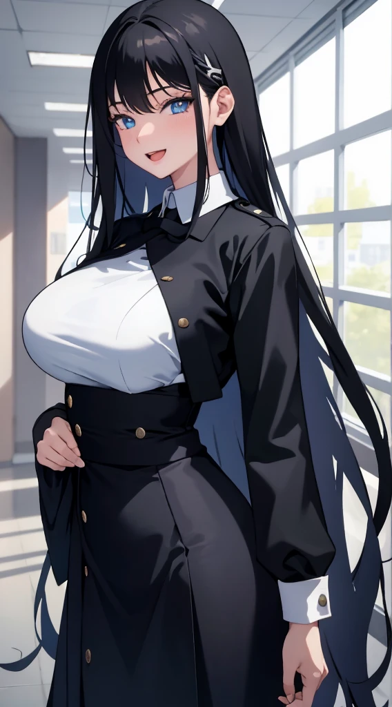 (masterpiece), (best quality), (ultra-detailed), ((girl, 29 years old)), an extremely delicate and beautiful, detailed eyes, minute details, (black hair, long hair, straight hair, hair between eyes), ((big breasts)), smile, open mouth, ((beautiful eyes)), (blue eyes), (upper body), she is wearing a blue dress, (detailed clothes), (detailed background, in a hospital, hospital hallway), (monochrome)