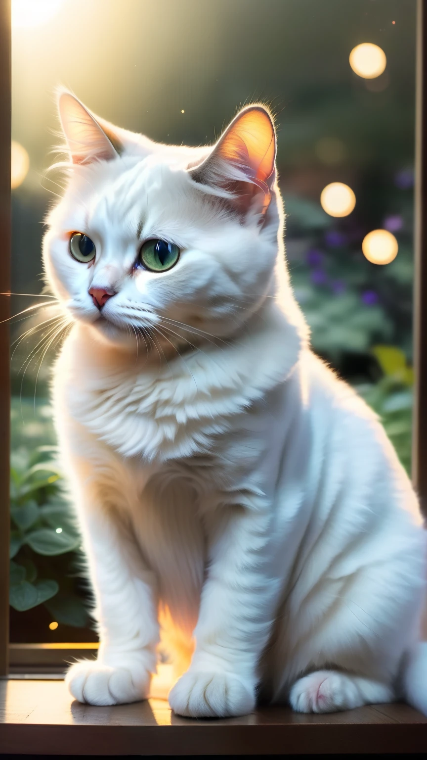 Close-up of a very cute pure white cat in the garden, Soft Volume Lamp, (Light from the rear window causes backlighting:1.3), (Cinematic:1.2), Intricate details, (Art Station:1.3), rootkowski