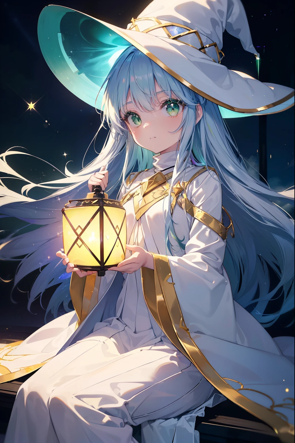 index, index, (Green Eyes:1.5), Silver Hair, Long Hair, (Flat Chest:1.2),(colorful glowing lantern),((A night sky filled with colorful and cute creatures)),((Big full moon)),((Sparkling and colorful stars)),((Idol style costume with soft volume)),((gorgeous wizard hat)),((witch)),(magic wand with a jewel on the tip),smile,Kamimei,((Side shape)),((Fly through the sky on a magic broom)),
break looking at viewer, whole body, break ourdoors,forest,forest林,moonlight,
break (masterpiece:1.2), highest quality, High resolution, unity 8k wallpaper, (figure:0.8), (Beautiful fine details:1.6), Highly detailed face, Perfect lighting, Highly detailed CG, (Perfect hands, Perfect Anatomy),