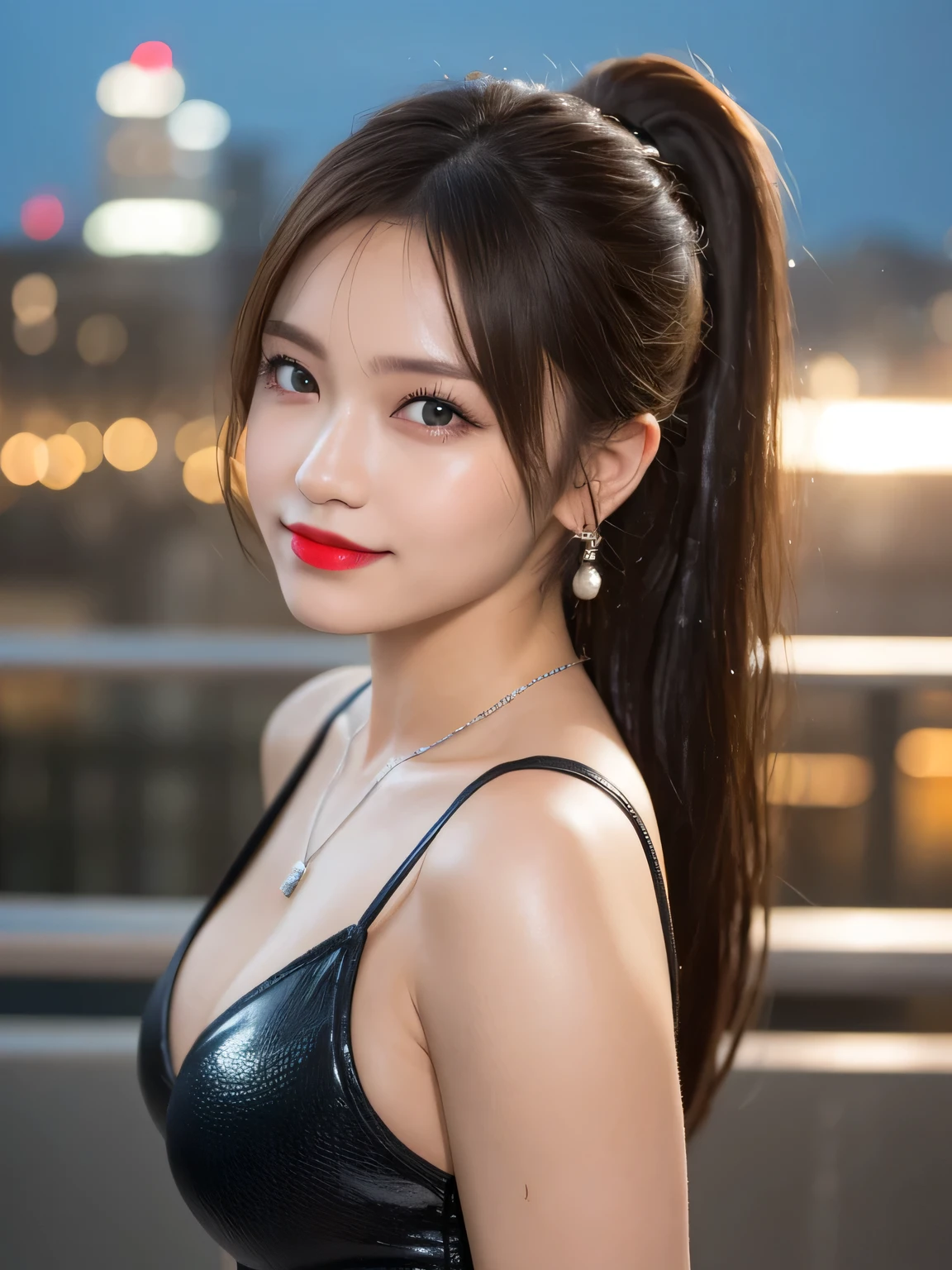 Beautiful city college girl, masterpiece, light makeup, red lips, silver hair, long tousled hair, cityscape background, beautiful and elegant. Super fine detail, masterpiece, authentic texture, cinematic lighting realism, perfect work, 16K, HD, exquisite features, blue eyes, Japanese idol, ponytail, beautiful face, cute smile, brown hair, beautiful hair, Glamorous, big breasts, huge breasts, super breasts, big breasts, erect nipples, greasy muscles, shiny skin, tanned skin, dark shiny skin, big shining eyes, smooth skin, earrings, necklace, tattoos, exquisite, Tanned big breasts, all wet, leotard