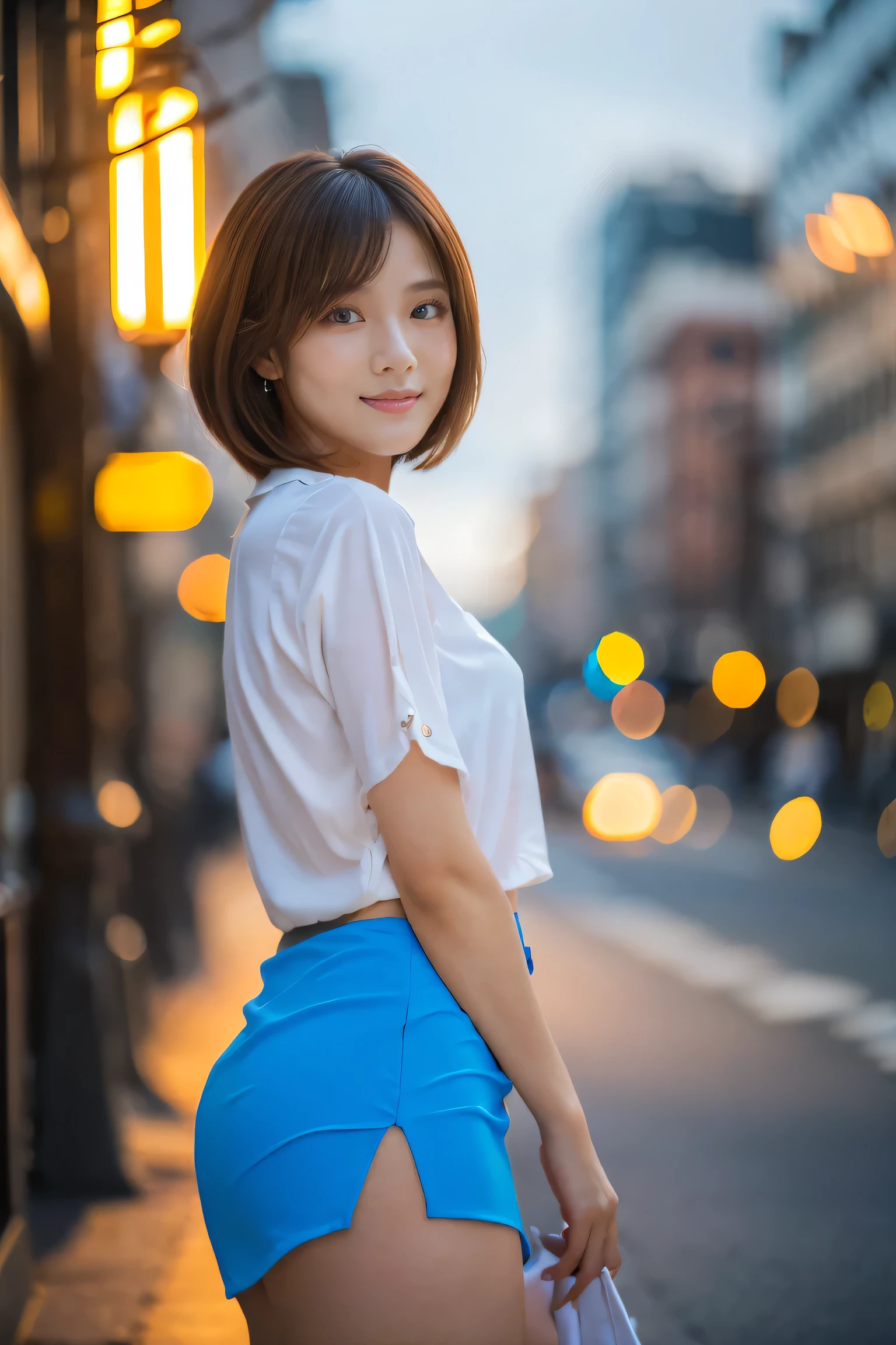 (18-year-old female), (The best quality at its best:1.4), (Super detailed), (Very detailed CG unified 16k), Beautiful woman with perfect figure: 1.4, Sharp focus: 1.2, Very detailed, High-quality RAW color photos, Professional photography, Great face and eyes, Beautiful eyelashes、cosmetics, (Amazingly beautiful girl), ((blouse, White mini tight skirt)), Are standing, Sexy posture，(Stylish city nightscape, Neon lights on the building:1.3), (View from below), Realistic movie faces, Wide zoomed out view of head to foot length, Full body long view, Realistic, ((Realistic natural orange red hairstyle, Realistic blue eyes, Short Bob Hair)), nice, Very beautiful face, Perfect model beauty, Mouth swelling, Highly detailed face and skin texture, Fine grain, double eyelid, Medium chest, smile, Crack, west, (masterpiece), highest quality, High resolution, Very detailed, Blurred Background, Depth of written boundary, Cinema Lighting, Great legs, High heels, Clear, well-maintained skin, (((Women make up the majority of the photo)))