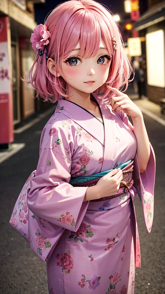 Pink and light blue dreamy hair　Wave Shorthair　Pink hair ornament　Purple Eyes　beautiful girl　Pink yukata with floral pattern　夏festival　festival　Night Sky