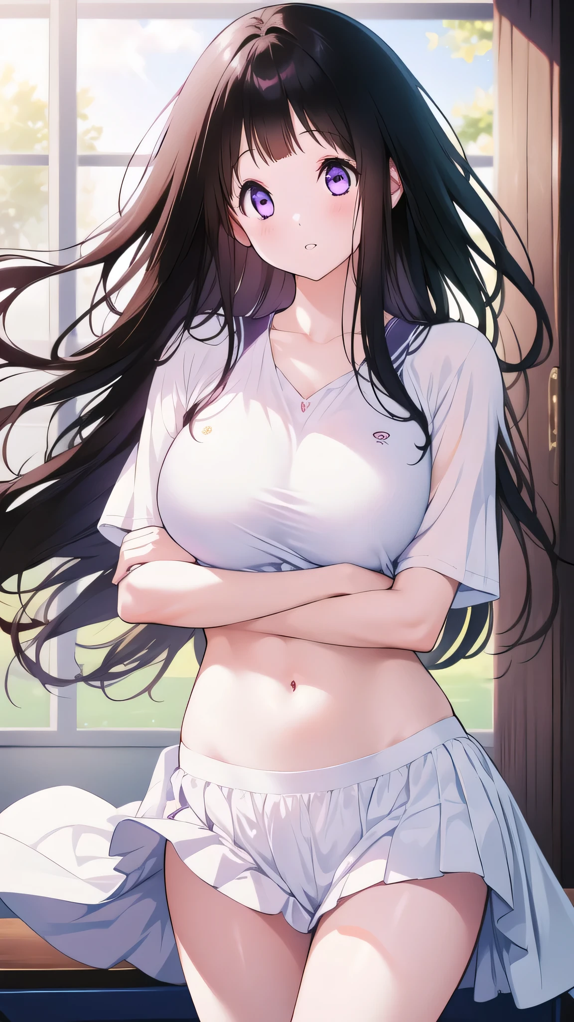 Amazing Chitanda, There is only one beautiful girl,Purple Eyes, Black Hair, Very red face,Very white skin,Glowing skin,Naturally straight hair, Straight bangs,Extremely refined,Open lips,Long flowing hair,Beautiful Girl, Like a dream,Slim,Slim waist,Soft, (Sensual), (Kawaii), Dream quality,Beautiful big breasts,In classrooms,Wearing tennis clothes,Messy clothes,Being hugged by a man,Breasts being sucked,The skirt is blown by the wind,Transparent clothes,no pants,Showing breasts,Show your thighs,Showing collarbone,Show your neck,Exposing the groin,Show your belly button,No pants,extremely shy,Ultra-high resolution, (masterpiece:1.2, best quality), (Delicate and beautiful eyes: 1.2), (Beautiful and delicate face)