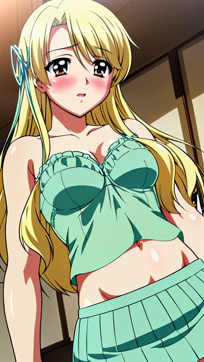 highest quality, High resolution, Beautiful eye, Highly detailed face, Detailed CG, midori shouji,1 girl,Blonde,Long Hair, bangs, hair ribbon, green_eye,Large medium breasts,(camisole,mini skirt,belly button,blush,Cowboy Shot:1.3),View your audience, Anime art style,Dynamic Angle,