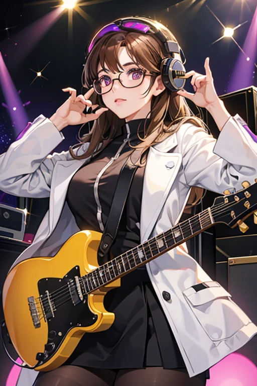 fair skin, brown hair, black glasses and wears a white lab coat. When she rehearses for her rock and roll gig, she also wears a purple and yellow bee rock-and-roll outfit with a mind control device built into her helmet. SPARKLE; GLITTER