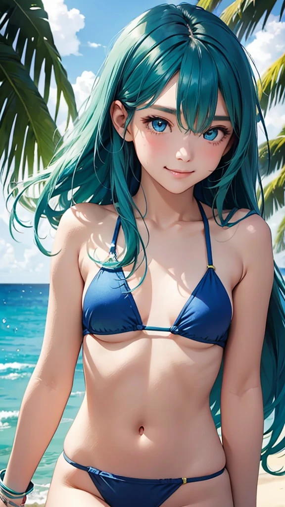 highest quality、Realistic、woman、Japanese、zoom、cute、Ocean、Cobalt blue eyes、Green hair、Long Hair、Swimwear、Face close-up、thin、Small breasts、smile