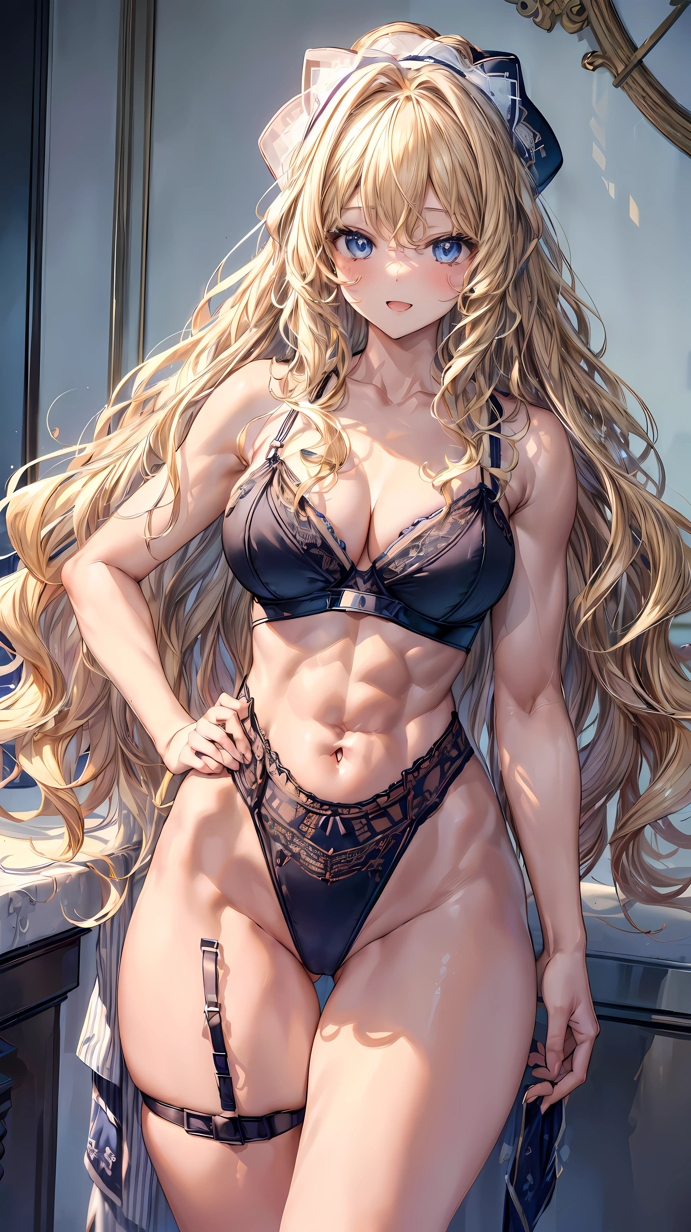 (Adult women:1.5)、Very detailed、highest quality、Best image quality、masterpiece、8k、Anime Face、A kind smile、(Open your mouth:1.3)、Sparkling blue eyes、(Blonde Wavy Hair:1.5)、、Muscles of the whole body、(High leg:1.5)、Thigh belt、(Wearing lingerie:1.5)、(Cowboy Shot:1.5)、SFW Giant