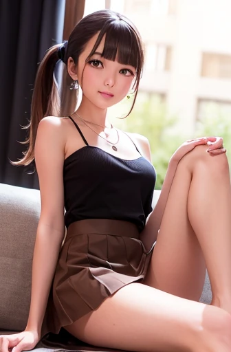 In 8K、highest quality、masterpiece、Ultra-detailed、Ultra-high resolution, Cafes, (beautiful girl sitting on the sofa), 18-year-old, Cafe, (Sit on the sofa:1.2), smile, (Put your finger to your mouth), (Leg spread, Skirt flip:1.5), (Panty shot, Focus Panties, Showing panties), (Detailed floral shorts), Coffee on the table, Middle Hair, ponytail, Side Lock, sweater, Bare shoulders, necklace, Frilled Skirt, (Spoken Heart:1.3), Dutch Angle Shot, From below, Sparkling Eyes, (people, crowd)