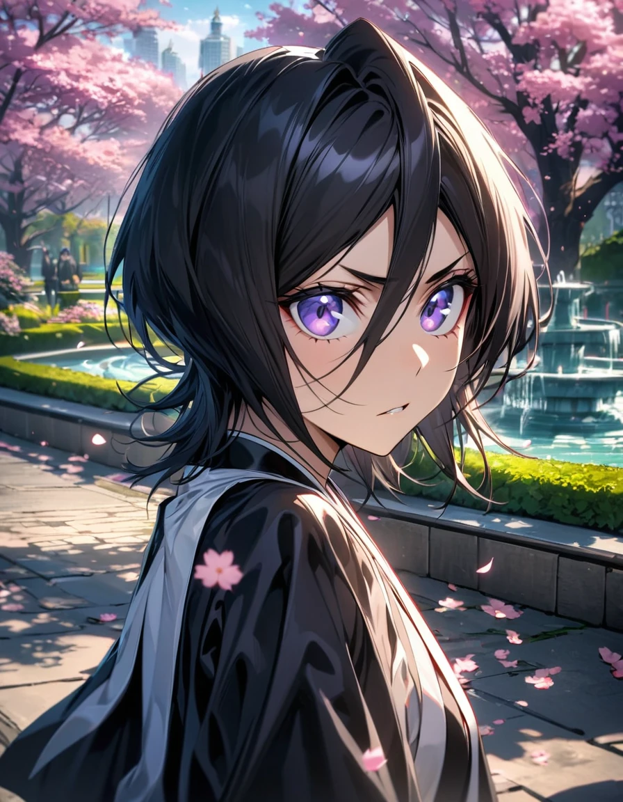 absurdres, highres, ultra detailed, HDR, master piece, best quality, extremely detailed face and eyes, Kuchiki Rukia, black hair, short hair, expressive purple eyes, Bleach, solo, girl, extremely beautiful, black shinigami clothes, pink flowers, park, cherry blossom, fountain 