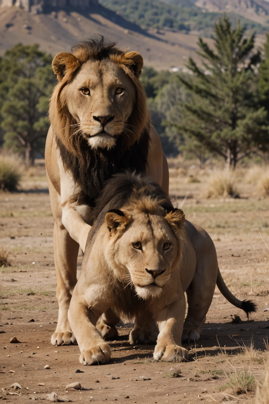 a lion hunting a buffalo