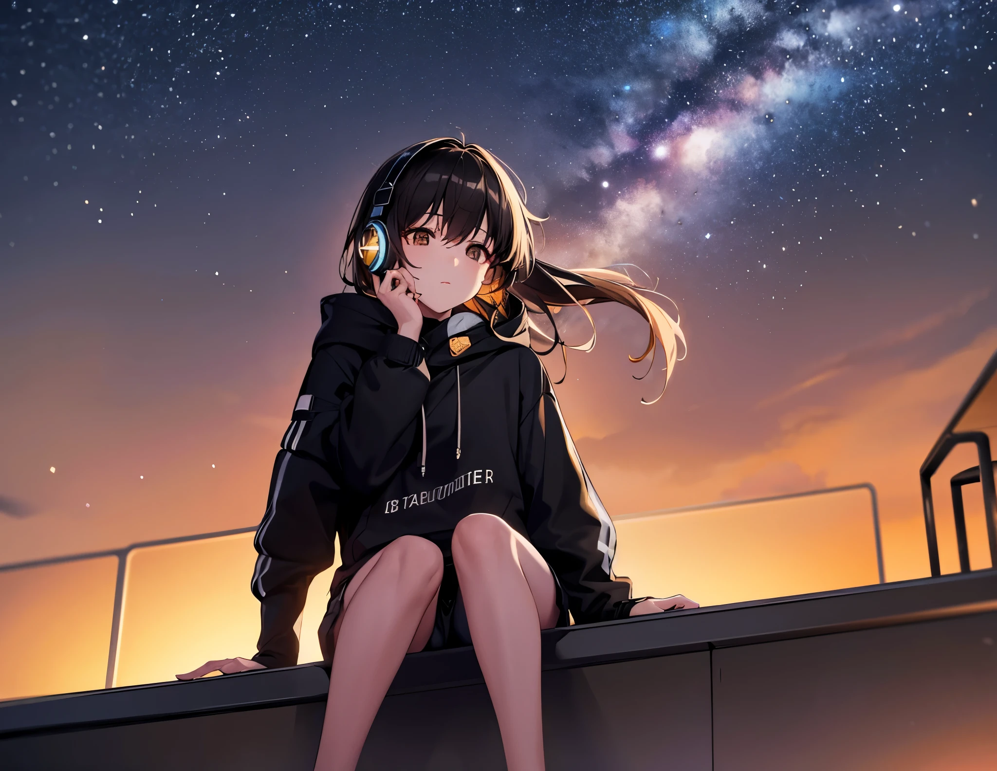 solo,headphone,starry sky,night city,from top roof of skyscraper,black hoodie,long brown haire,short pants,bare legs,look up the sky