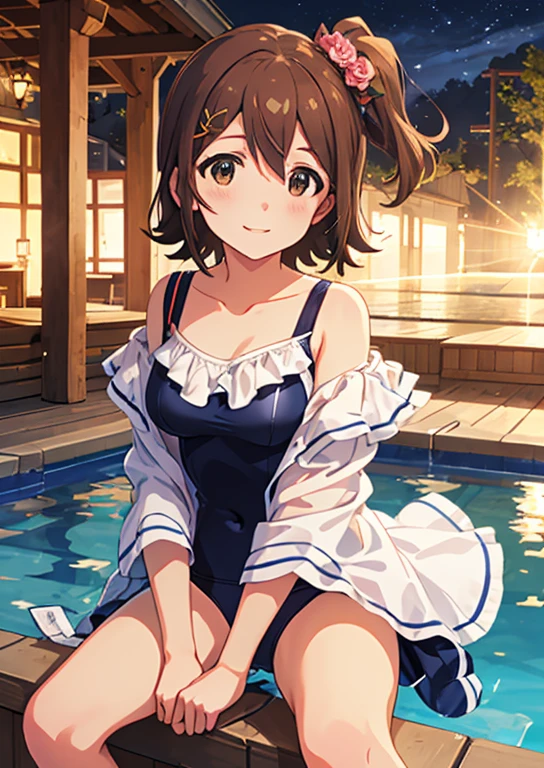 Mirai Kasuga, (highest quality, 8k, masterpiece, Very detailed:1.2), (Lens flare, Particles of light, Shine), Big Breasts, smile, Open your mouth, masterpiece, highest quality, Very detailed, High resolution, Very detailedなCG, (Official Art), Off the shoulder, Sailor swimsuit, (Embarrassing:1.1), (blush:1.2), Open your mouth, ((Spread your legs)), (shout:1.1), (Moving lines:1.1),  night, Night Pool, Cowboy Shot