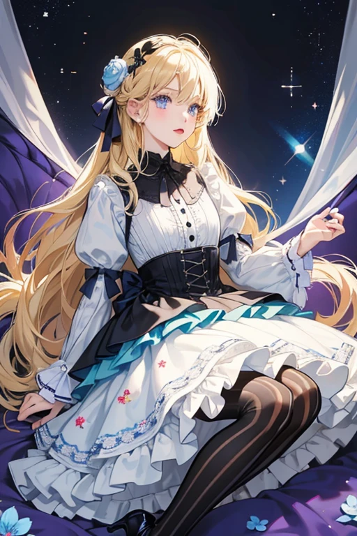 She has long blonde hair with white/light blue highlights, and like her mother, tied in a black hair ribbon. She has light blue eyes and red lips.

she wears a  blue collar dress with black lining around each sleeve and flower-shaped buttons with a flower pattern embroidered on the rim. She wears a black bow tied around her waist and a watch on her left wrist. There is a second layer underneath the dress that is striped black and white. She wears tights striped with baby blue and white coloring and wears black high heels with light purple lacing. SPARKLE; GLITTER