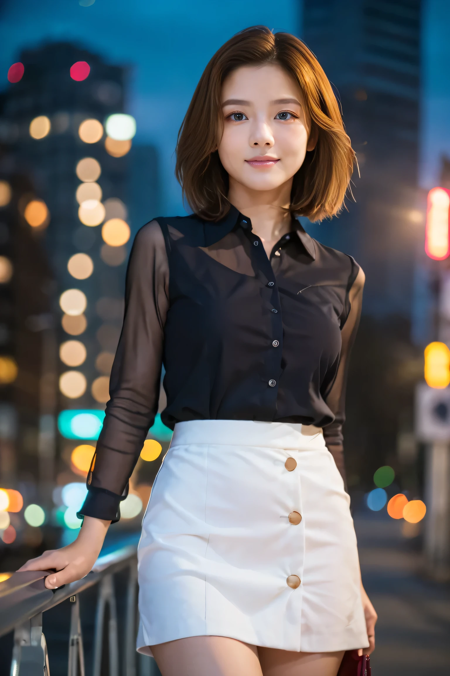 (18-year-old female), (The best quality at its best:1.4), (Super detailed), (Very detailed CG unified 16k), Beautiful woman with perfect figure: 1.4, Sharp focus: 1.2, Very detailed, High-quality RAW color photos, Professional photography, Great face and eyes, Beautiful eyelashes、cosmetics, (Amazingly beautiful girl), ((blouse, White mini tight skirt)), Are standing, Sexy posture,(Stylish city nightscape, Neon lights on the building:1.3), (View from below), Realistic movie faces, Wide zoomed out view of head to foot length, Full body long view, Realistic, ((Realistic natural orange red hairstyle, Realistic blue eyes, Short Bob Hair)), nice, Very beautiful face, Perfect model beauty, Mouth swelling, Highly detailed face and skin texture, Fine grain, double eyelid, Medium chest, smile, Crack, west, (masterpiece), highest quality, High resolution, Very detailed, Blurred Background, Depth of written boundary, Cinema Lighting, Great legs, High heels, Clear, well-maintained skin, (((Women make up the majority of the photo)))