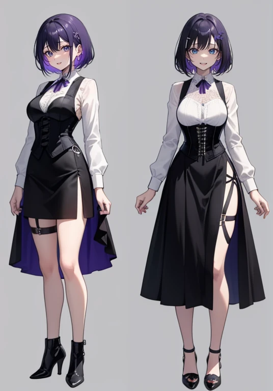 Purple hair,Short hair,Adult female,(Bartender),((Body harness)),((Black vest)),(Rolling up your sleeves shirt),(Corset),(Above knee length skirt),High heels,((Simple background)),Smile,((Full body)),((whole body)),Character Sheet,