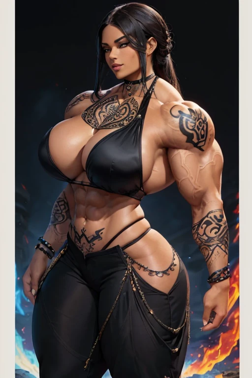((((Massive tall, beautiful, buff, brown skinned muscular woman with black hair, tattooed body adorned with intricate designs, ginormous bulky muscles, and wearing a beautiful silk black halter top with black pants)))), ((close view)), massive muscle, massive biceps, hyper muscle shoulders, ((massive muscle arms)) vascular shoulders, hyper muscle triceps, (straight long hair), orange eyes, ((tattooed body adorned with intricate designs)), choker, (pants), high heel boots, (surrounded by black colored fire and flames), confident smile, night, hyper vascular arm, hyper muscles arms, hyper muscle legs, (massive arms).