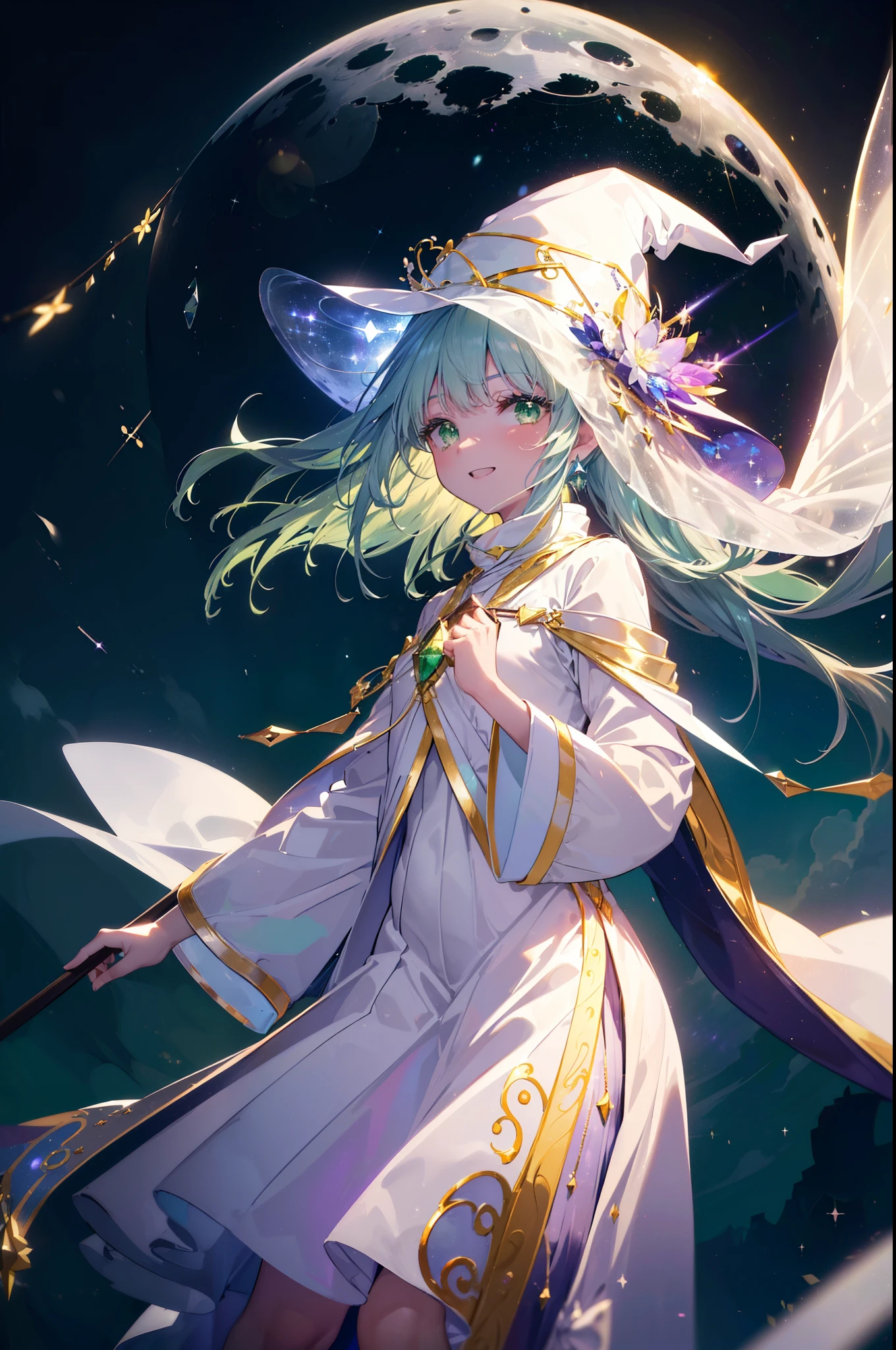 index, index, (Green Eyes:1.5), Silver Hair, Long Hair, (Flat Chest:1.2),happy smile, smile, Open your mouth,(colorful glowing lantern),((A night sky filled with colorful and cute creatures)),((Big full moon)),((Sparkling and colorful stars)),((Idol style costume with soft volume)),((gorgeous wizard hat)),((witch)),(magic wand with a jewel on the tip),smile,Kamimei,((Side shape)),((Fly through the sky on a magic broom)),
break looking at viewer, whole body, break ourdoors,forest,forest林,moonlight,
break (masterpiece:1.2), highest quality, High resolution, unity 8k wallpaper, (figure:0.8), (Beautiful fine details:1.6), Highly detailed face, Perfect lighting, Highly detailed CG, (Perfect hands, Perfect Anatomy),