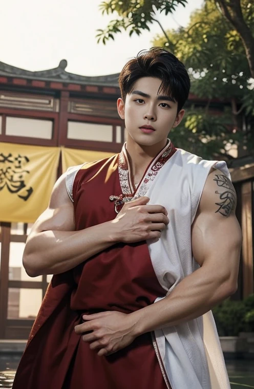 2 Handsome chinese guy kissing, 25 years old,hug, cuddle, touching lips, skin ship, romantic, Asian, chinese hansome actor, kpop idol, young baby cute face, detailed face, handsome male model,manly, master work, best picture quality, higher quality, high detail, super high resolution, 8k resolution, perfect eyes, perfect skin, manly jawline, manly chin, perfect hands, big muscles, bare chest, tattoos chest, tattoo hands, tattoo arms, glowing eyes, short hair, hair details, detailed background , open Hanfu transparent tulle jacket, ((red and golden clothes with silver decoration)), super sexy tiny brief, naked, long big erection dick, detailed perfect dick shape, good shape bulg, big bulge, nice juicy butts, bare butts, Chinese garden background, Chinese kung fu, dragon-themed costumes, monk robes, spinning floating particles, chinese temple in background, looking at viewer