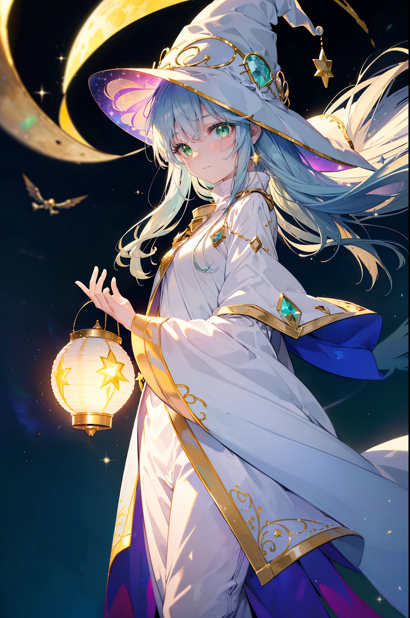 index, index, (Green Eyes:1.5), Silver Hair, Long Hair, (Flat Chest:1.2),happy smile, smile, Open your mouth,(colorful glowing lantern),((A night sky filled with colorful and cute creatures)),((Big full moon)),((Sparkling and colorful stars)),((Idol style costume with soft volume)),((gorgeous wizard hat)),((witch)),(magic wand with a jewel on the tip),smile,Kamimei,((Side shape)),((Fly through the sky on a magic broom)),
break looking at viewer, whole body, break ourdoors,forest,forest林,moonlight,
break (masterpiece:1.2), highest quality, High resolution, unity 8k wallpaper, (figure:0.8), (Beautiful fine details:1.6), Highly detailed face, Perfect lighting, Highly detailed CG, (Perfect hands, Perfect Anatomy),
