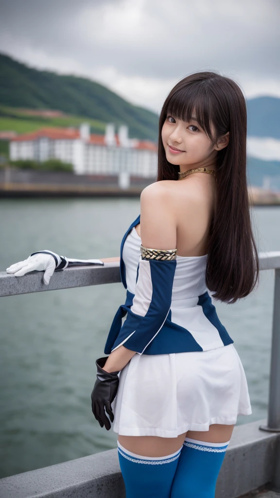 ((highest quality)), ((masterpiece)), ((One girl)), alone, ferry, ((Long Hair)), ferryBase, ((Knee socks)), Exposing shoulders, ((jewelry)), ((No sleeve)), White Dress, Blue Skirt, ((gloves)), Up to the thighs, From behind.