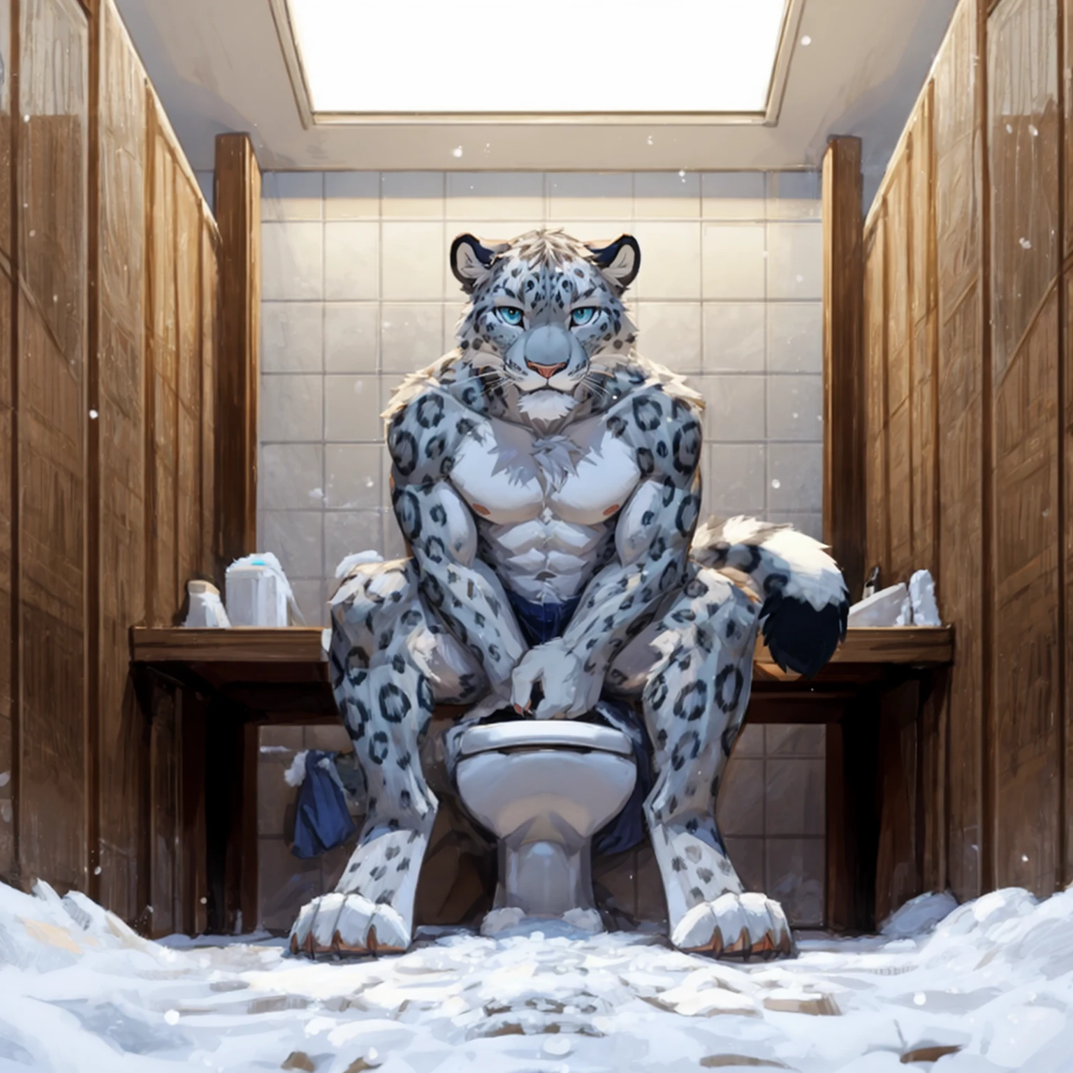 Fluffy Snow Leopard、Snow leopard lying sideways、Sitting on a white toilet、Pose during bowel movements、Composition looking up from below、Hairless head、Fluffy white fur all over the body、Wild male snow leopard、Long white hair all over the body、Fluffy body、Anime eyes that shine like sapphires、Very long and profuse armpit hair、Snow Leopard Tail、Background of the inside of a rundown toilet、Wooden toilet、Snow Leopard Toe Claws、Sharp Claws、A composition that captures the whole body、