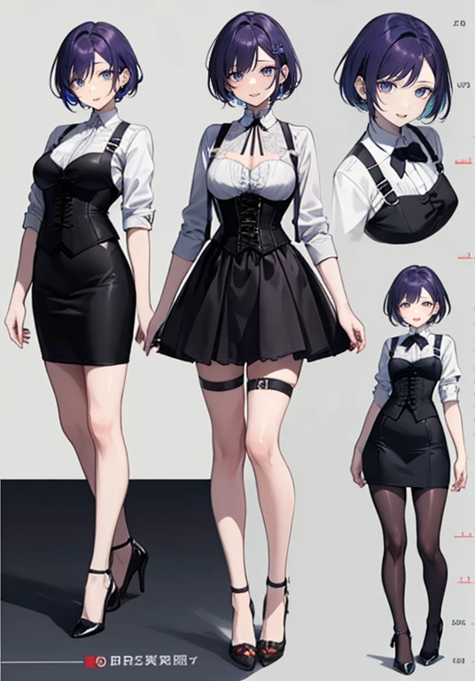 Purple hair,Short hair,Adult female,(Bartender),((Body harness)),((Black vest)),(Rolling up your sleeves shirt),(Corset),(Above knee length skirt),High heels,((Simple background)),Smile,((Full body)),((whole body)),Character Sheet,