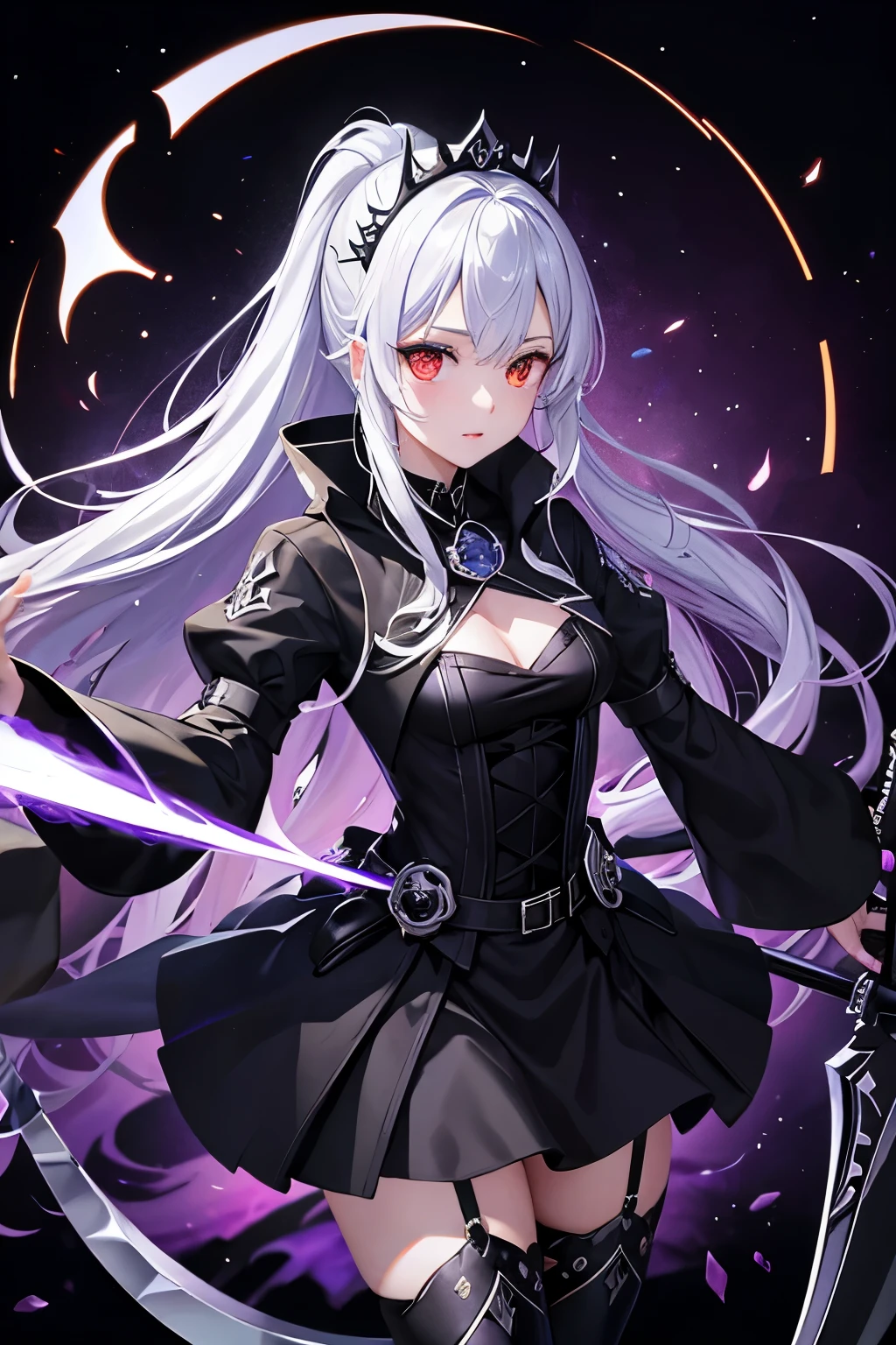 （（（highest quality、first-clasasterpiece、Normal body、8k、Detailed face、Ultra-precision、Normal hand、Normal finger、５Finger、craftsman）））Silver Hair、Princess、Black Dress、Black Skirt、Ridiculous Costumes、Shiny Tiara、Metal Boots、grim Reaperの鎌、Death Scythe、Fantasy scythe、disaster々sickle、Grim Reaper、grim Reaper、universe、big bang、Black Hole、magic陣、バックにmagic陣、magic、Magic Light、Magical Explosion、magic cirlcle