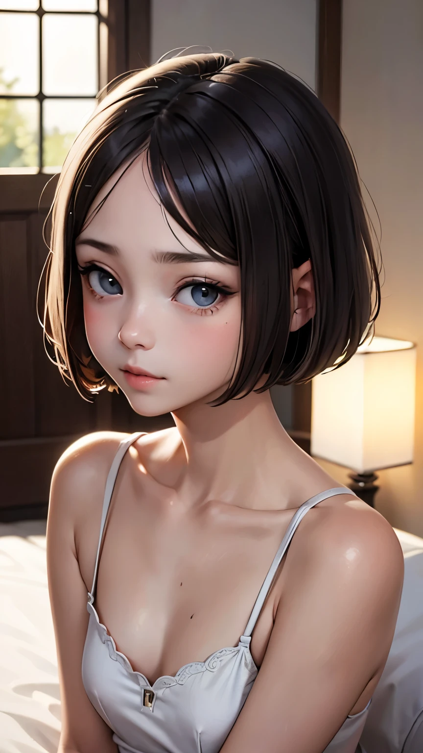 short hairと白のシャツ, short hair, 前髪のあるshort hair, Woman with pretty face, Cute little face in a portrait, French Bob, White skin!!, 短い茶色の髪とBig eyes, Soft Portrait Shot 8k, Beautiful light、Big eyes, Beautiful girl, Young girl with bob cut, Best image quality, Tabletop, Leonardo da Vinci's Notebooks Da Vinci, Leonardo da Vinci's manuscript in the background,Swimwear,