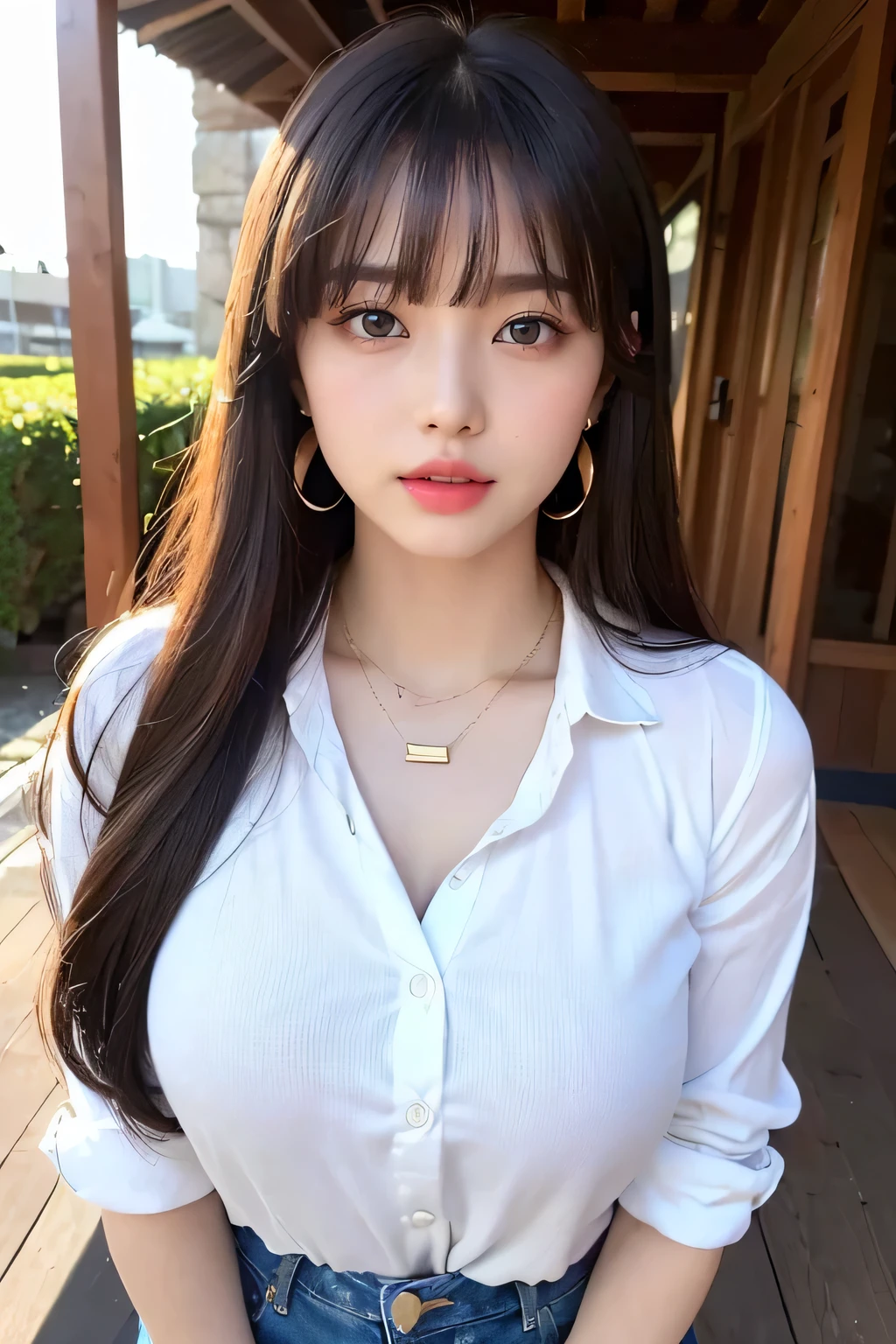 masterpiece, (photoGenuineistic: 1.4), highest quality, Beautiful lighting, Outdoor, Single woman, alone, jewelry, Earrings, Long Hair,Hair blowing in the wind、Light of the sun、 (Rainbow Eyes、Beautiful Eyes、Orange lips、plump lower lip:1.3), Outdoor, Scapula, Glowing Lips,Smile、 null, sunset,Genuine, bangs, (Golden ratio face,Round face contour:1.2)、cloud, necklace, Pillar、(Big Breasts:1.2),(CG Unity 8k high resolution wallpaper), Complex, Attention to detail, Sharp focus, dramatic, beautiful girl, RAW Photos, 8k is, Film Grain、(White Button Long Shirt、denim very short shorts: 1.2), (Brown Skin:1.5)、(Black Hair、Dull bangs, Long Hair, , The forehead is covered with bangs:1.2)、(From above:1.6)